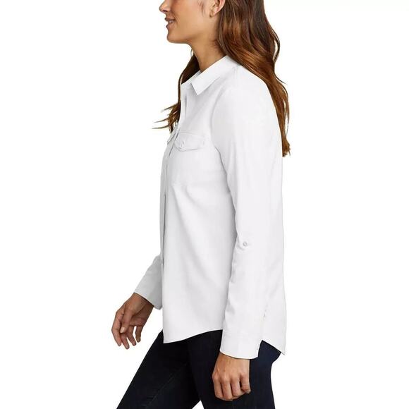 EDDIE BAUER WHITE LONG SLEEVE DEPARTURE TRAVEL SHIRT BLOUSE HIDDEN POCKET L NWT - Picture 4 of 10
